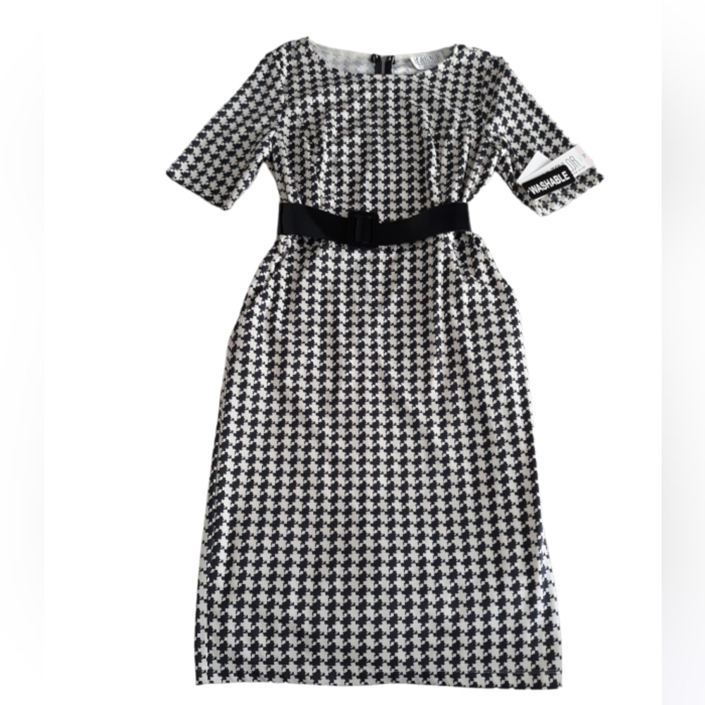 NWT Julian Taylor New York Size 10 Black Beige Houndstooth Belted Dress